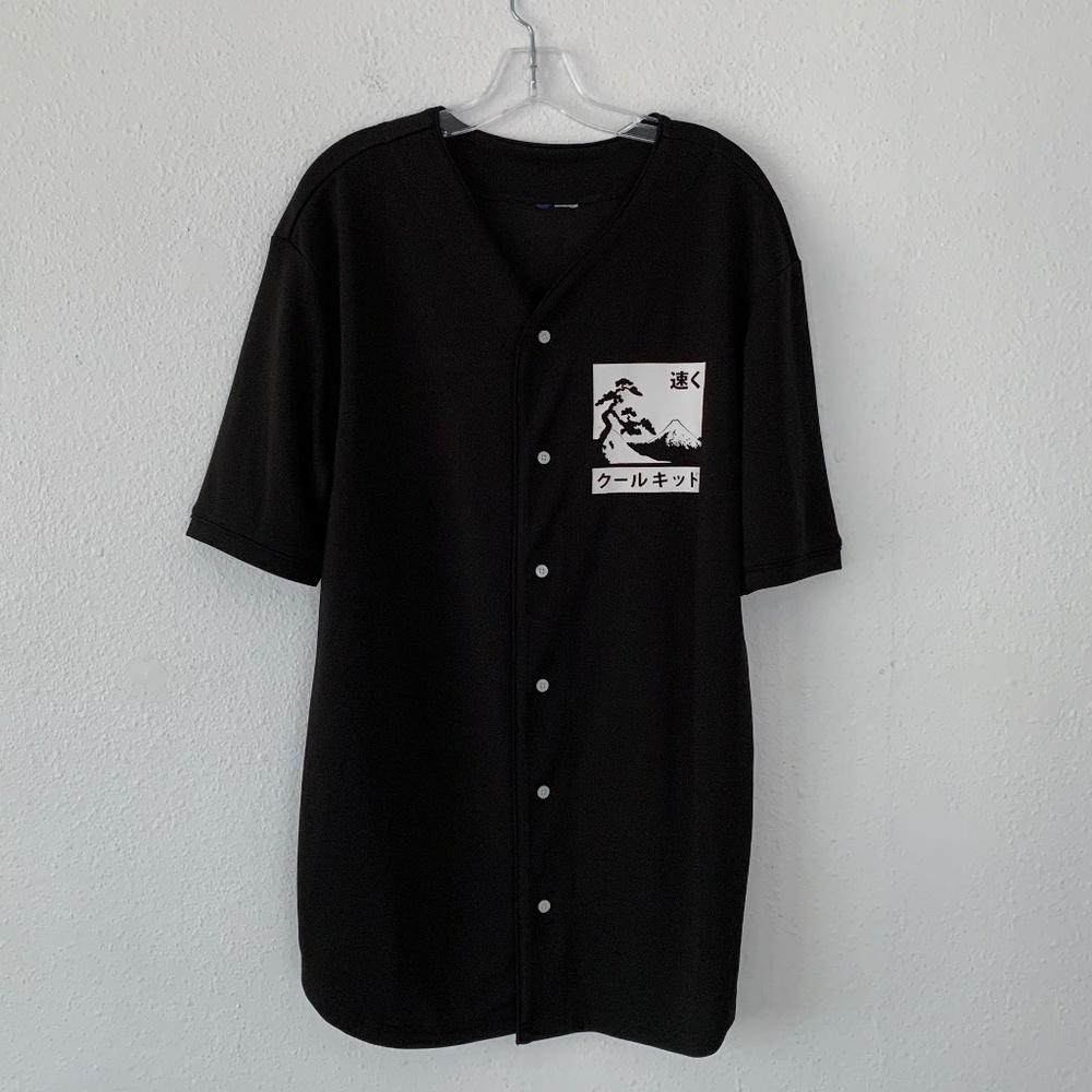 H&M black mesh Japanese print long line jersey top